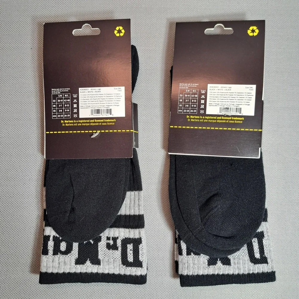 2-Pairs Dr. Martens Crew Socks Athletic‎ Logo Black/Gray Size M/L